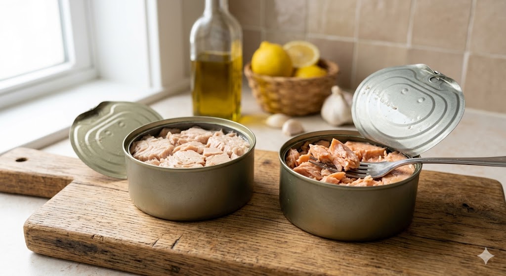 A close-up food photograph of two opened tin cans on a rustic wooden cutting board, one with pale flaked tuna and the other with pink salmon flaked with a fork, in a kitchen setting.