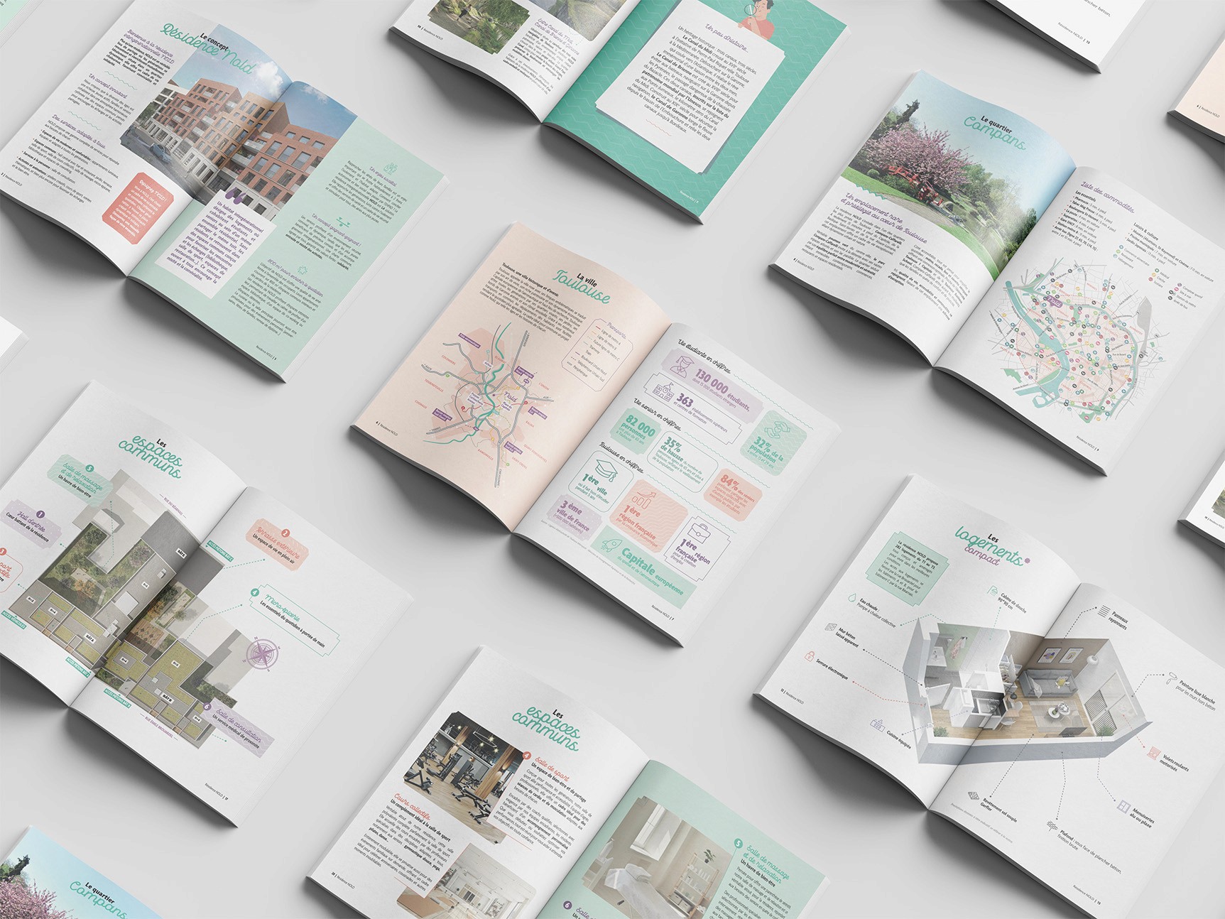 Brochure 24 pages pour la résidence Nold, design aéré, plans 3D et couleurs pastel