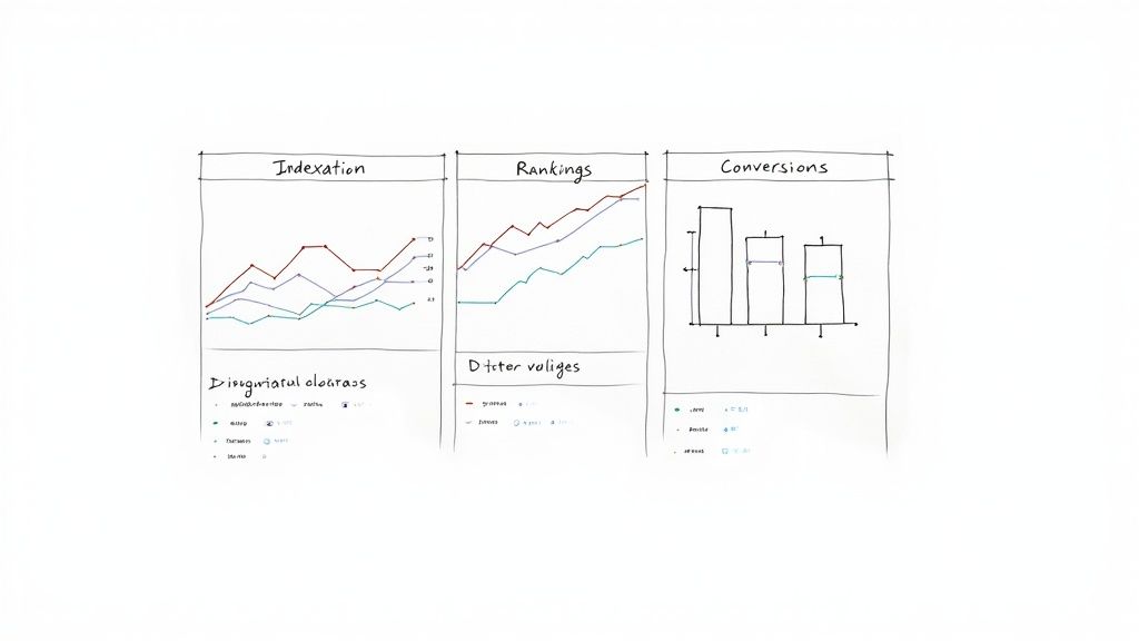 Hand-drawn charts illustrating indexation, rankings, and conversions for SEO performance analysis.