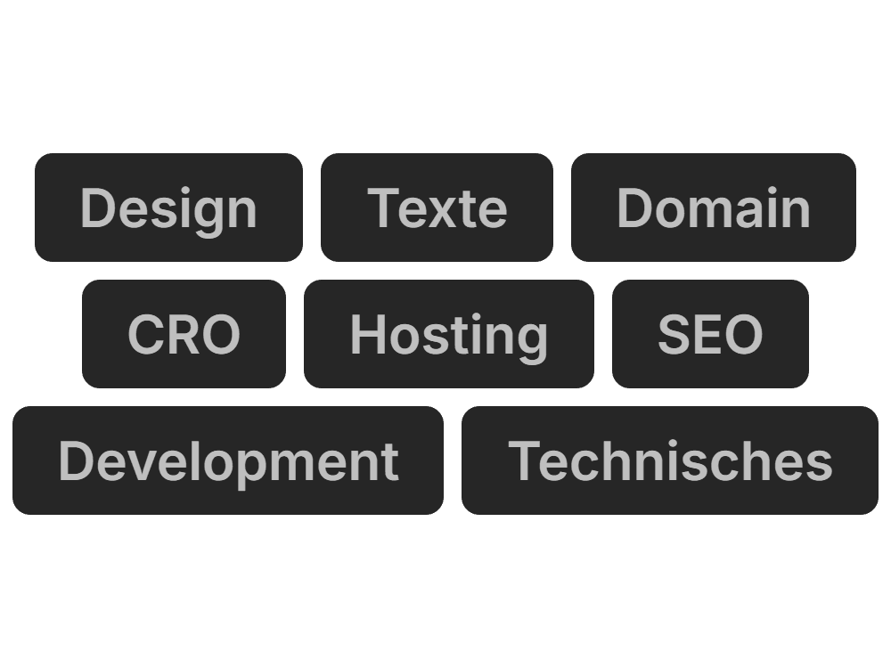 Schlagwörter wie Design, SEO, Hosting und mehr visualisieren umfassenden Webservice auf dunklem Kachel-Hintergrund