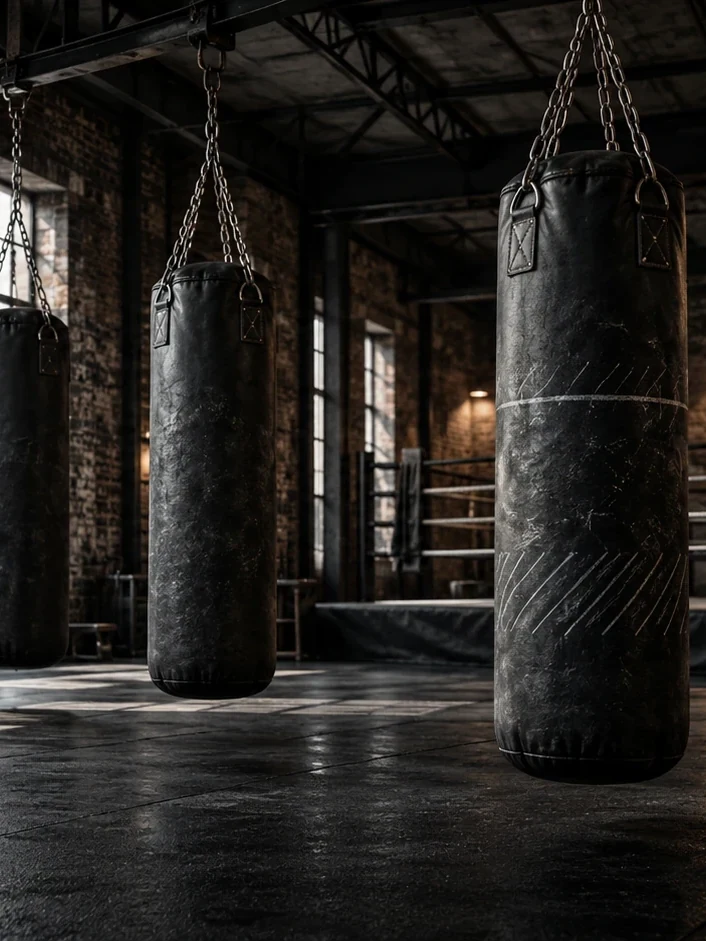 Heavy bags hanging in the Foundry fight room
