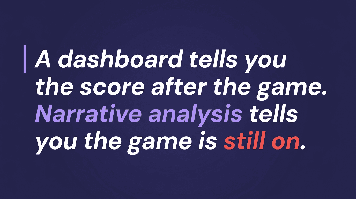 Pull quote on deep purple background reading that a dashboard tells you the score after the game while narrative analysis tells you the game is still on