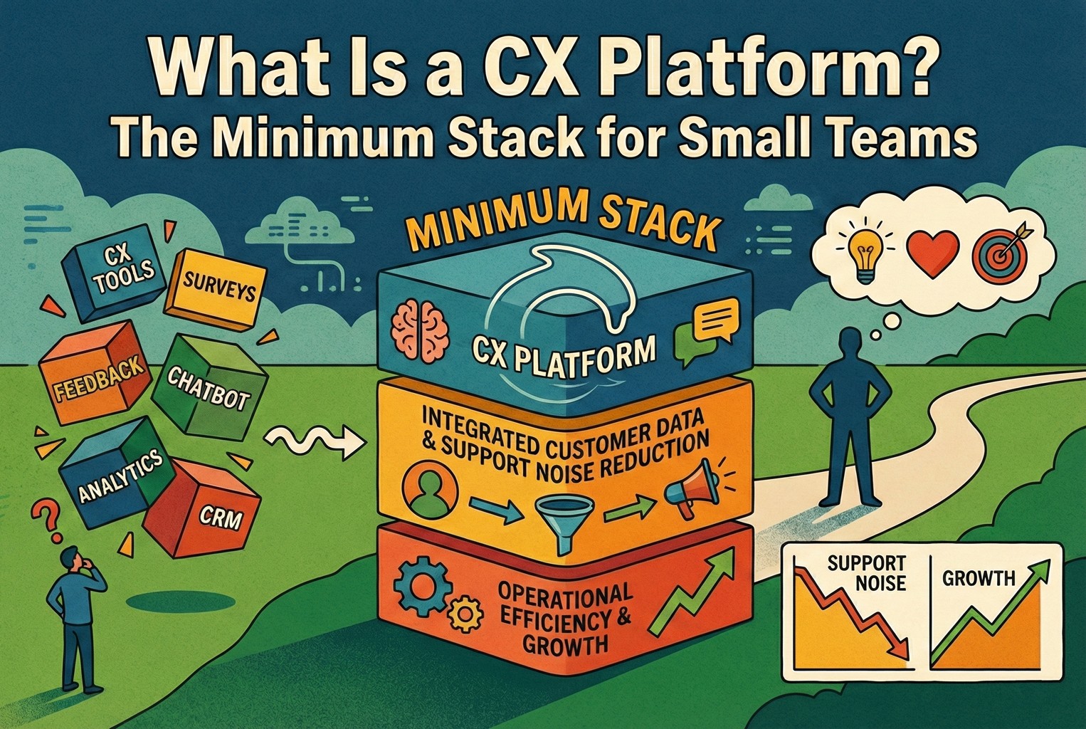 Illustration showing a minimum CX platform stack for small teams, bringing scattered CX tools like chat, surveys, analytics, and CRM into one integrated system to reduce support noise and improve customer experience.