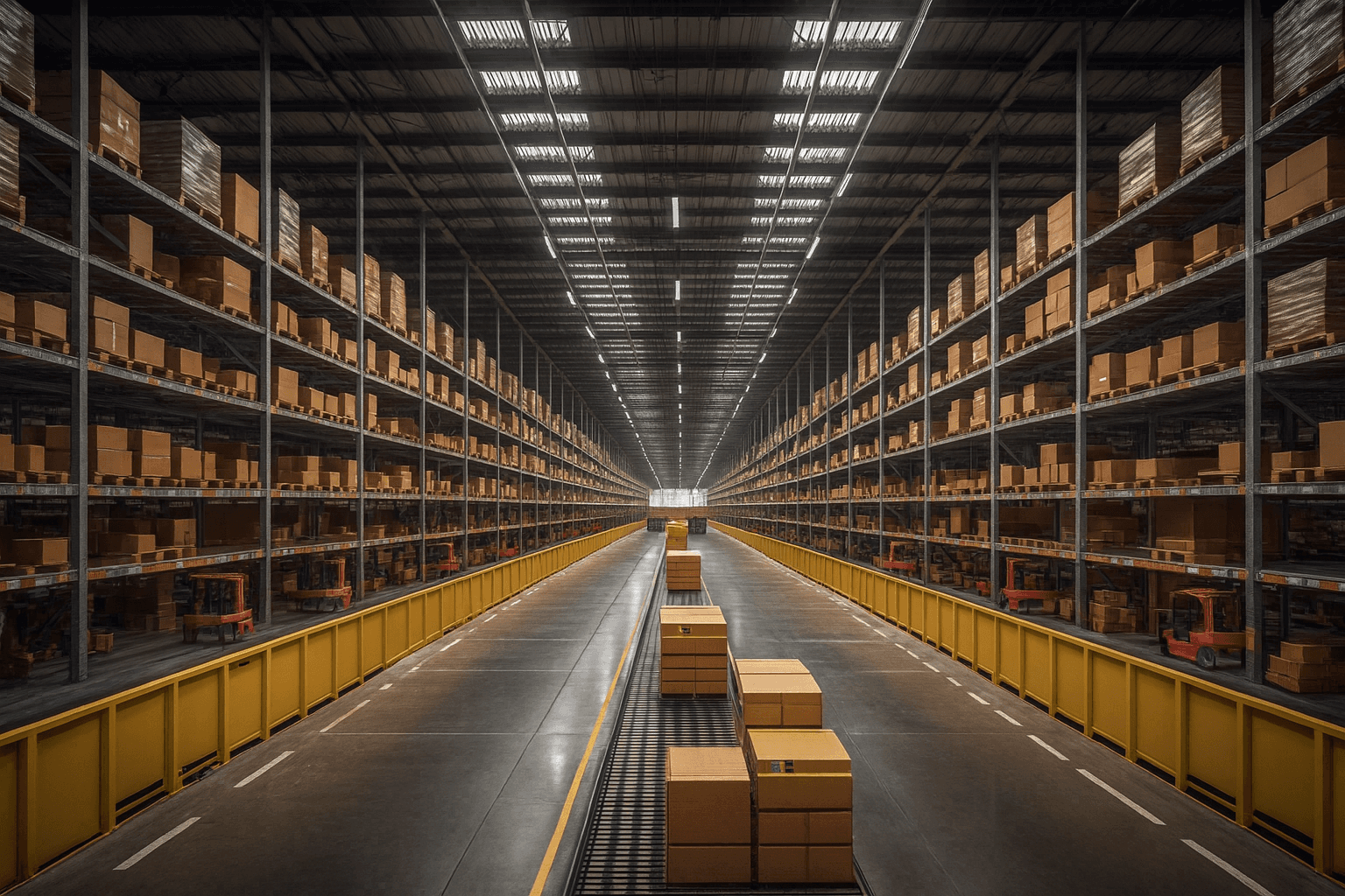 Un vaste entrepôt Amazon avec des étagères remplies de cartons et des zones de tri automatisées, illustrant l’ampleur et la logistique de la plateforme de vente mondiale.