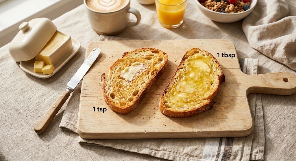 Overhead view comparing two slices of sourdough toast on a wooden board; the left slice has 1 teaspoon of butter, and the right slice is heavily coated in 1 tablespoon of glistening melted butter.
