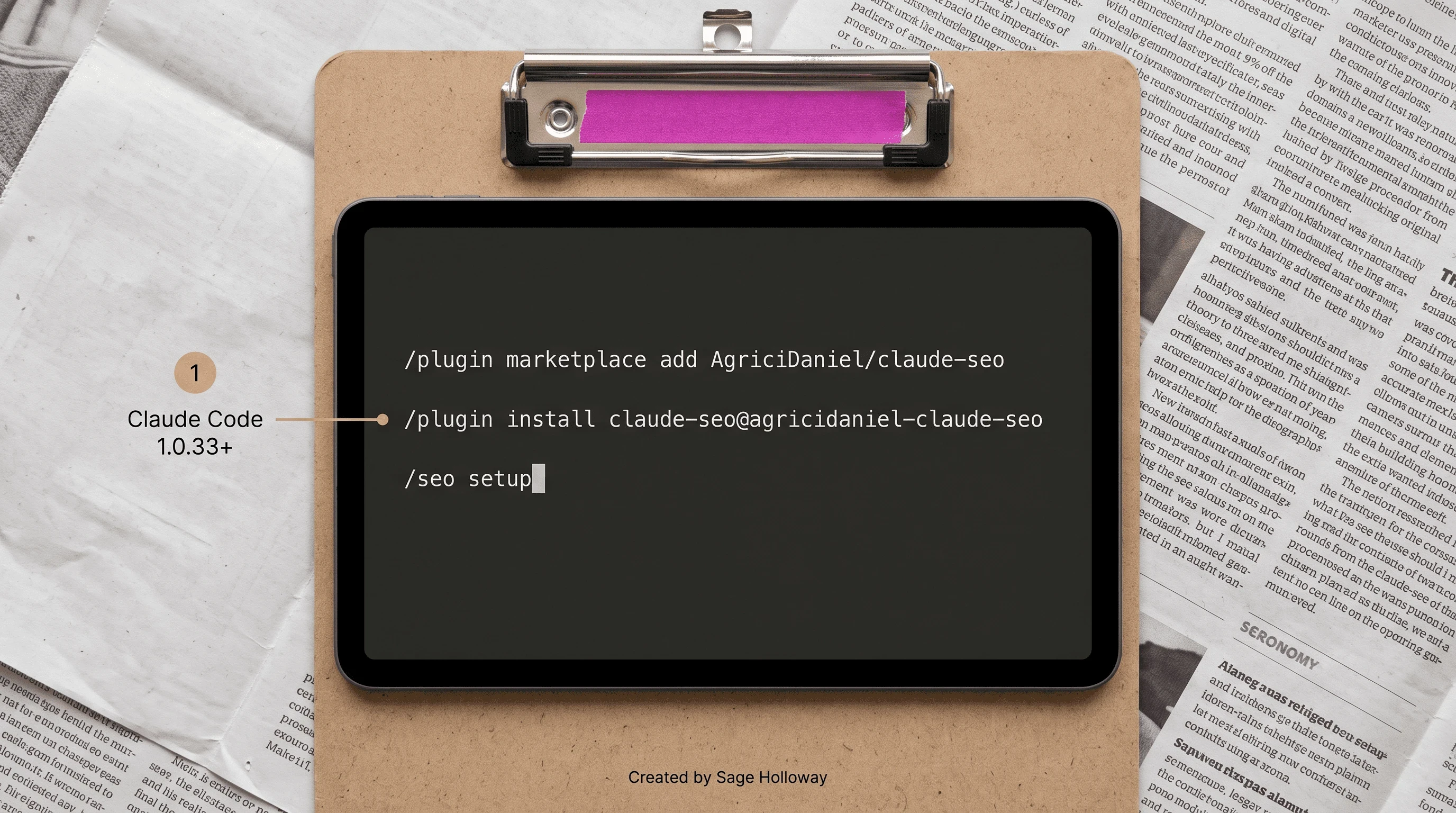 Claude Code terminal showing plugin marketplace add, plugin install, and /seo setup