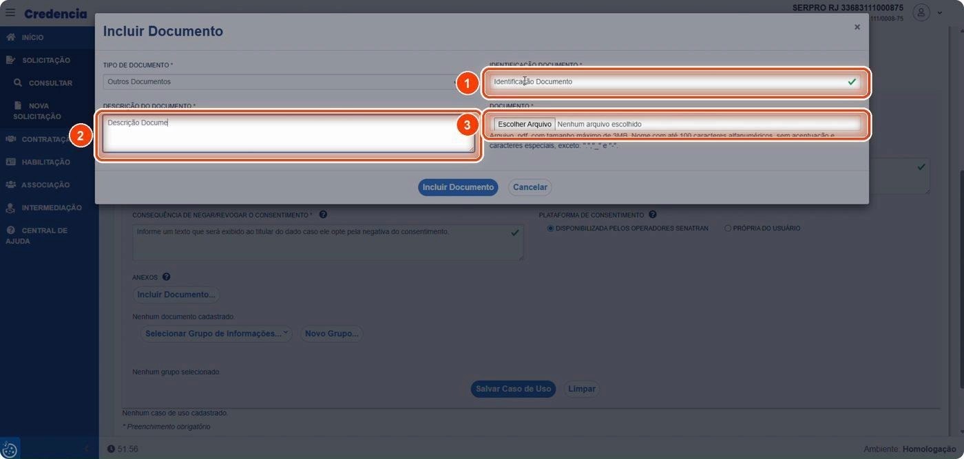 Captura de tela de referência do Credencia para Passo 3 — Preencher a identificação e selecionar o arquivo. Contexto: 13 — Anexos.
