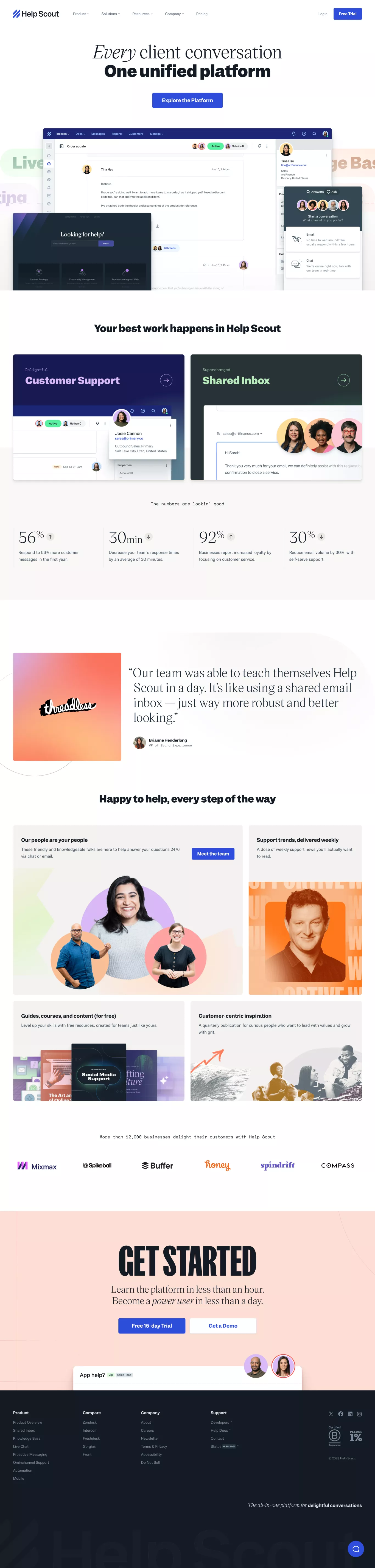 Help Scout: Shared Inbox, Help Center, & landing page screenshot showcasing Tech and Marketing design