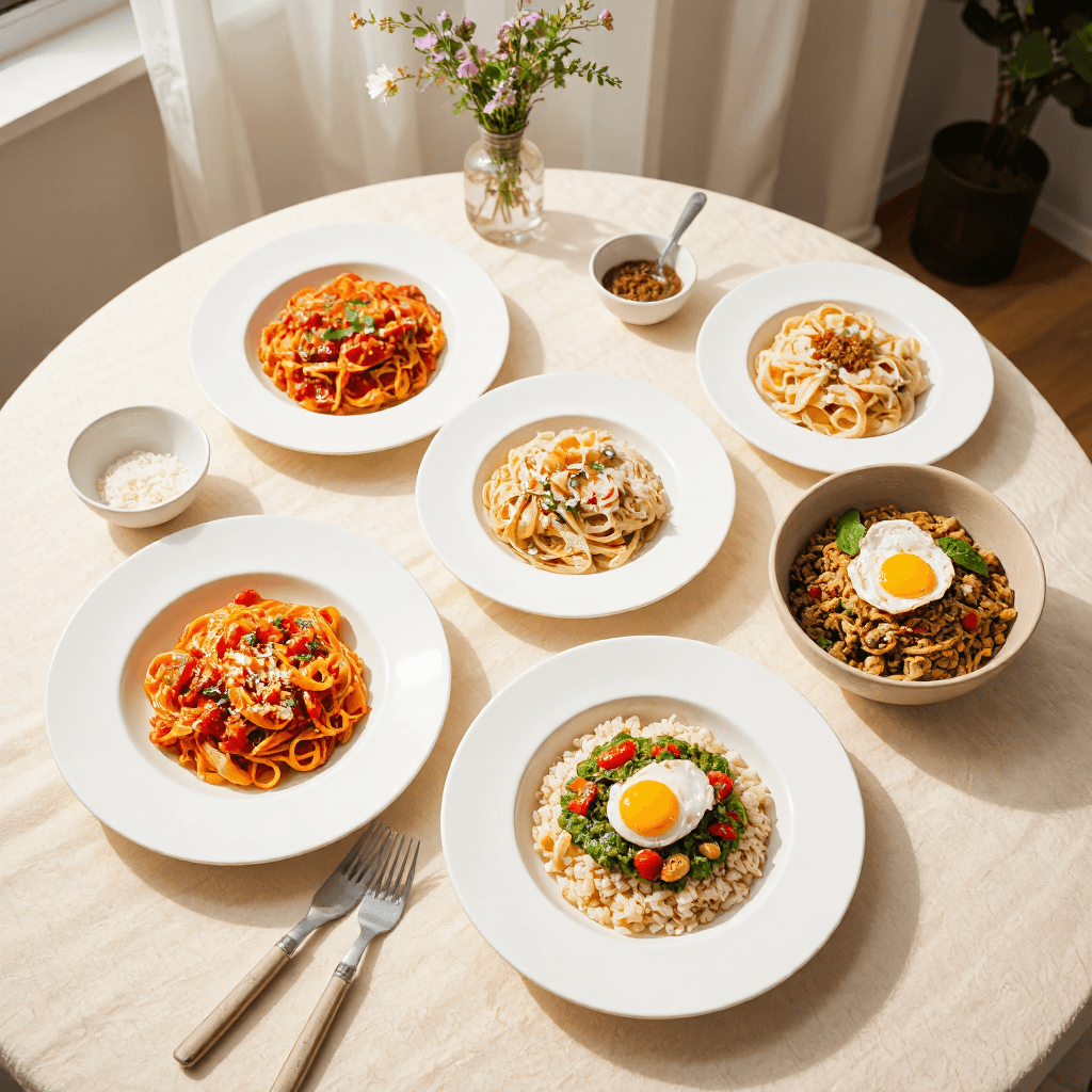 product photography of A set of various pasta dishes and a rice bowl