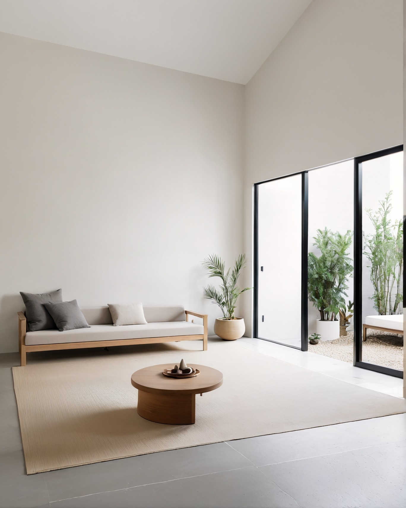 Curved white sofa with soft wooden tones and open-plan design