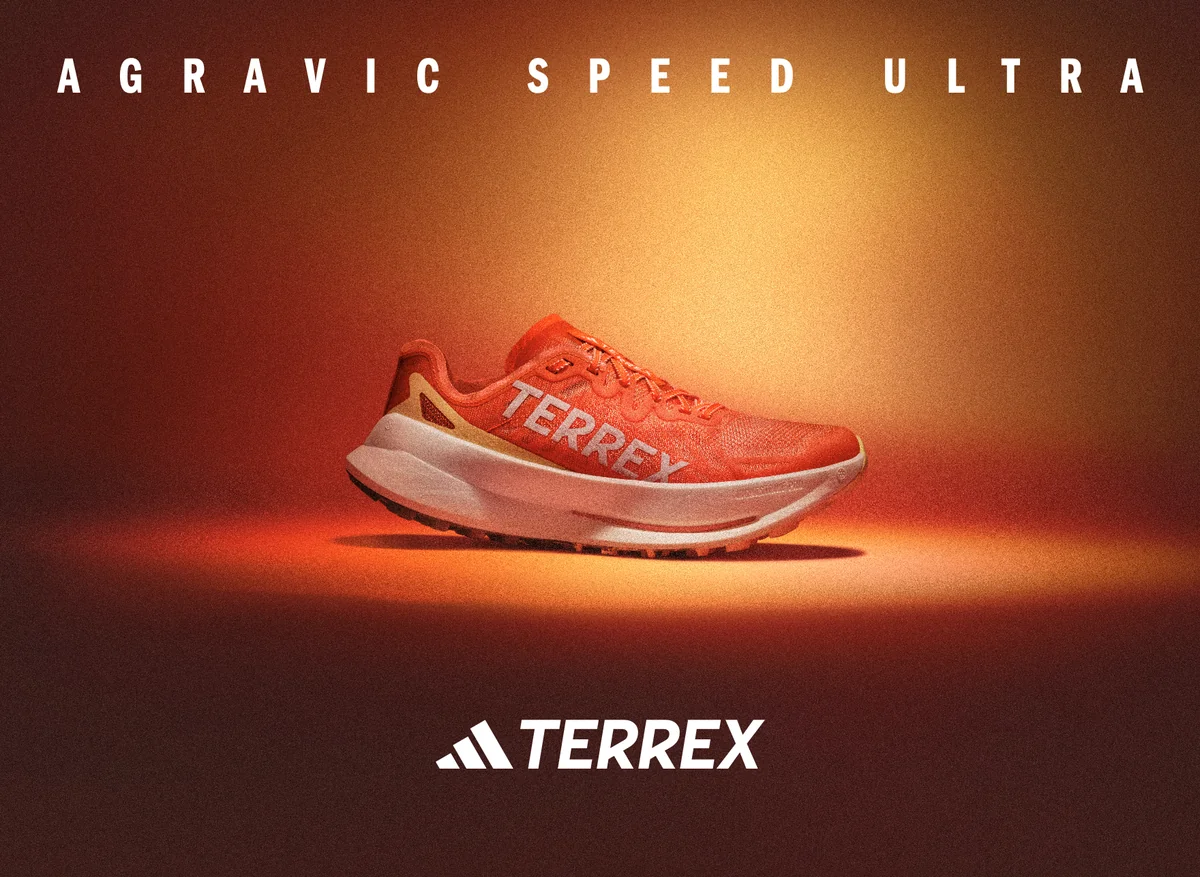 Adidas Terrex Agravic Speed Ultra stretched canvas - product visual on orange background, Tonton Outdoor store campaign