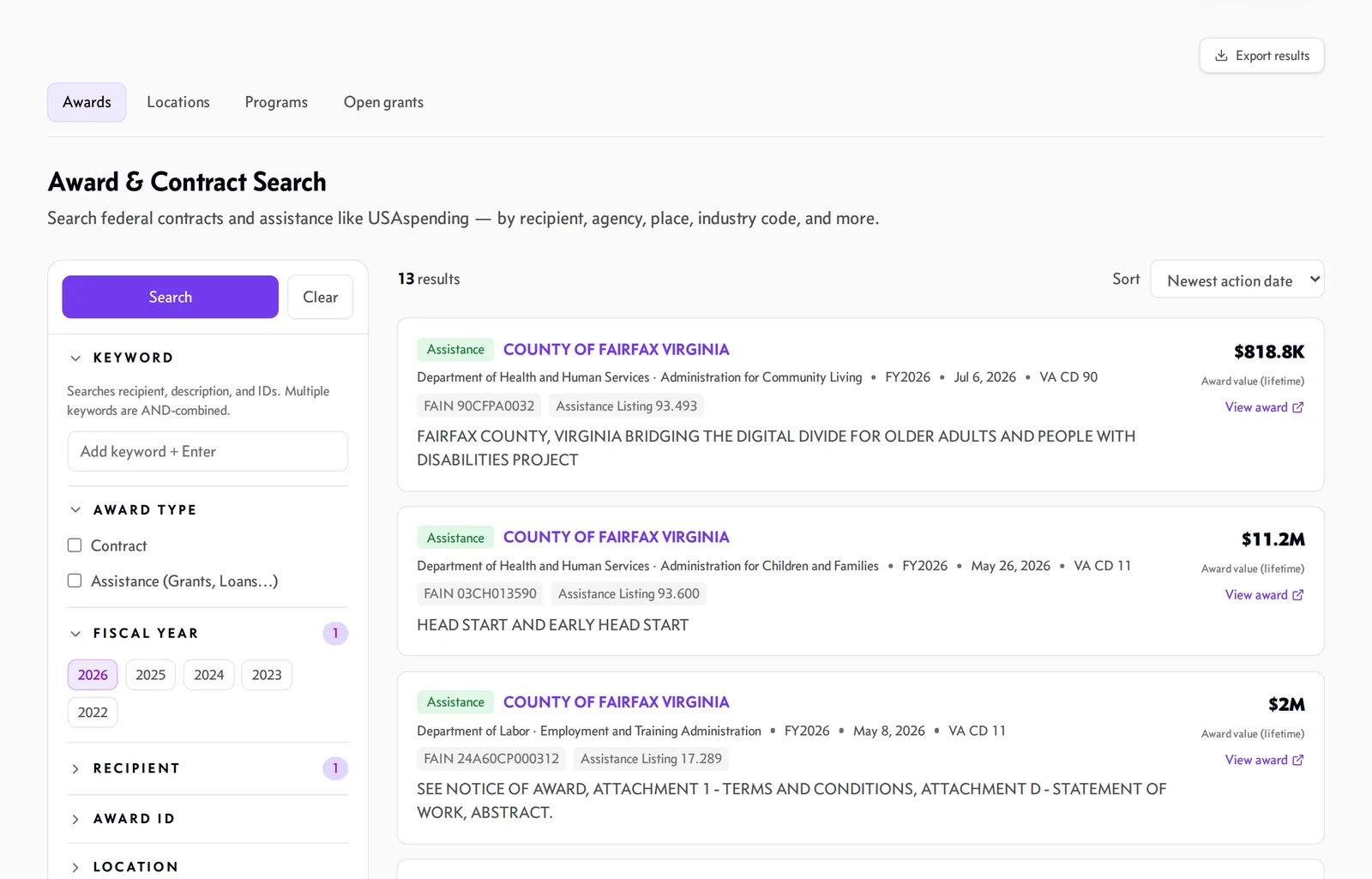 Award and contract search results with an Export results button.