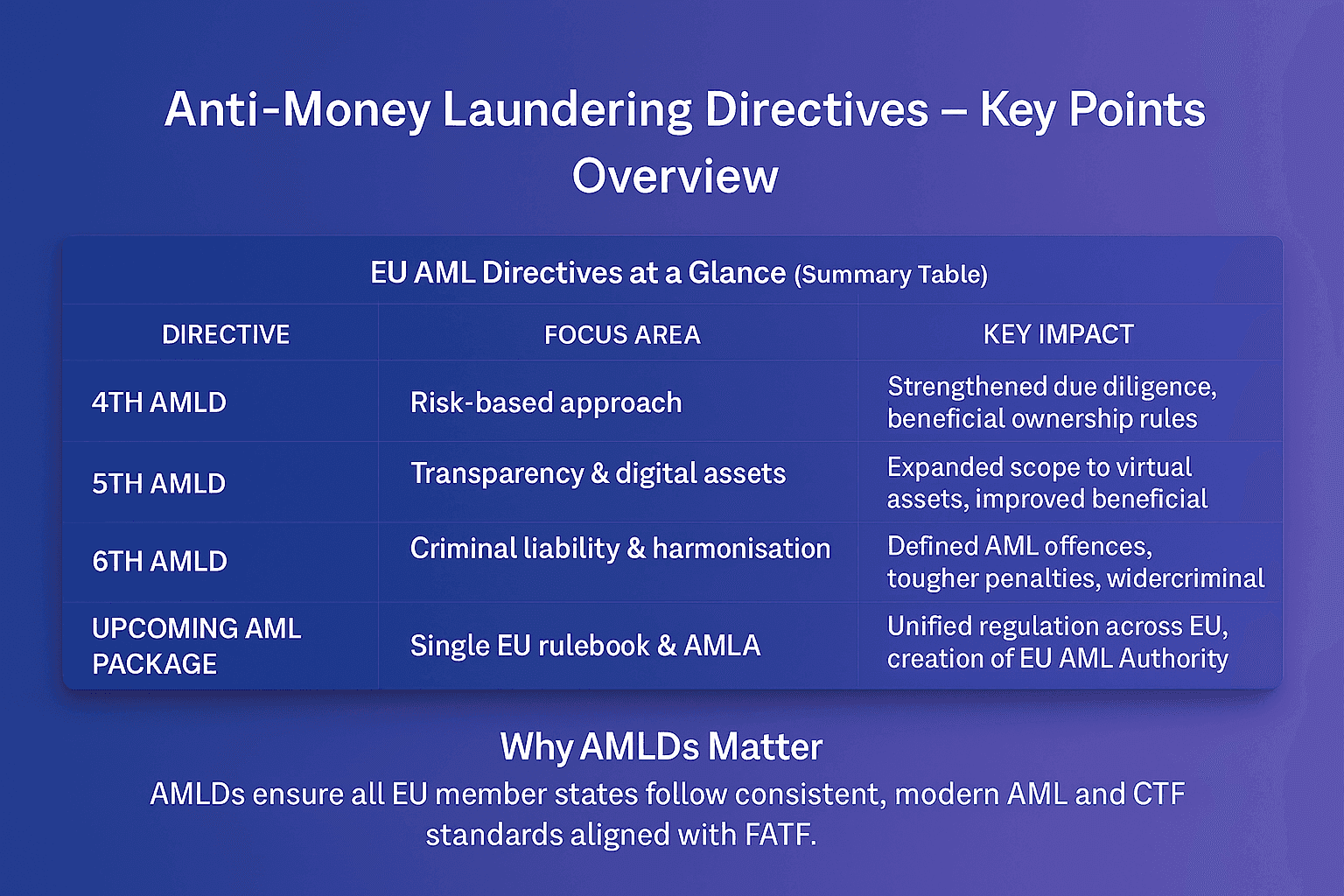 EU Anti-Money Laundering Directives summary table showing the 4th, 5th, and 6th AMLDs and the upcoming EU AML package, highlighting focus areas such as the risk-based approach, transparency and digital assets, criminal liability, and the creation of a single EU rulebook and AMLA.