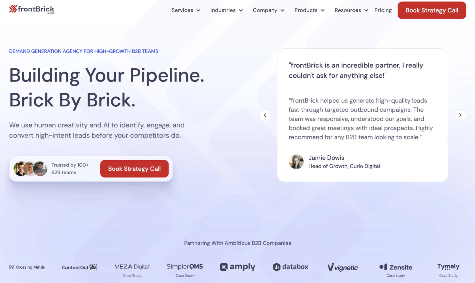 frontBrick homepage: Clay-certified consulting agency running multi-channel outbound for complex B2B sales cycles