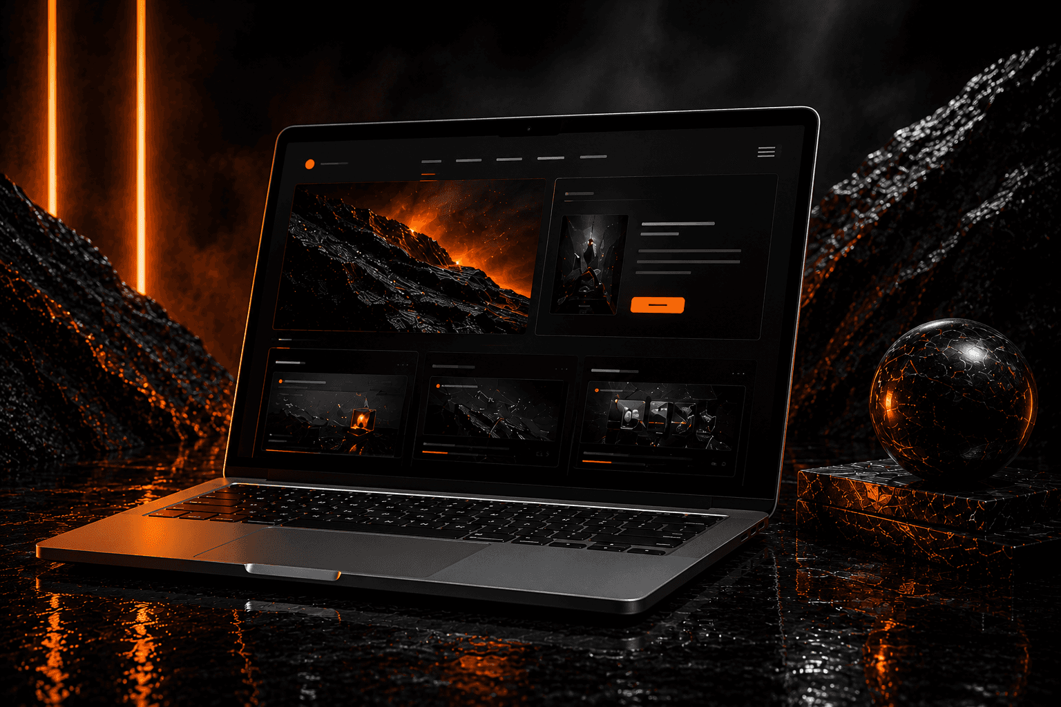 Modern laptop displaying a dark, edgy website design with fiery orange accents, set against a dramatic, textured background with glowing elements.