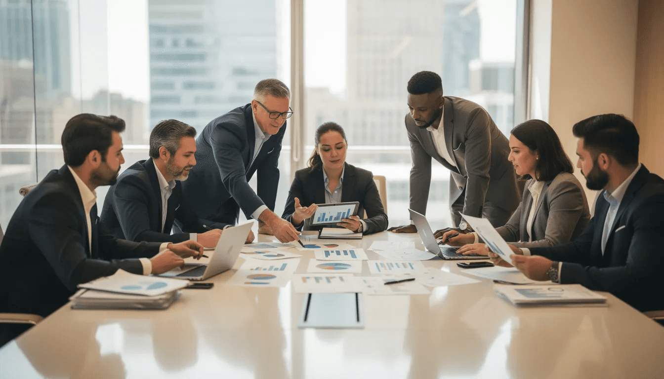 A group of professionals is gathered in a conference room, intently reviewing documents and charts that depict various asset classes and their investment returns. The atmosphere is focused, as they discuss strategies for creating a diversified portfolio and analyzing historical performance to protect against risk.