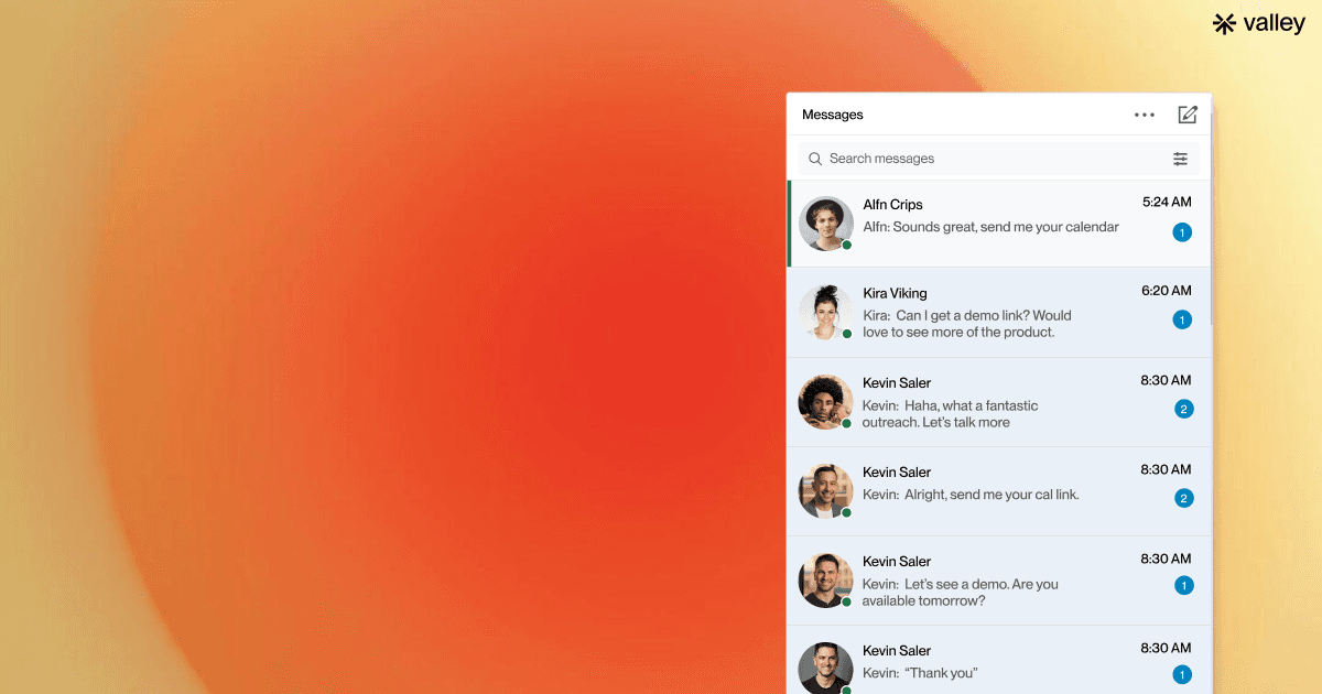 A bright gradient background with Valley’s unified inbox panel showing active LinkedIn conversations, message previews, timestamps, and profile photos in a clean, modern interface.