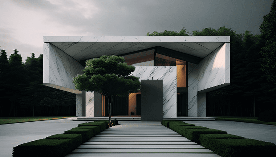 Brutalist concrete house with dramatic angular overhangs, central tree, and linear pathway through manicured lawn