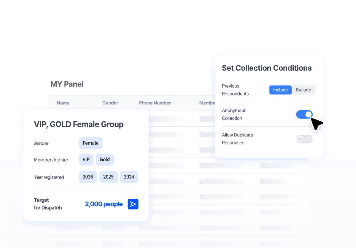 A digital interface displaying data tables with filtering options in a modern layout.