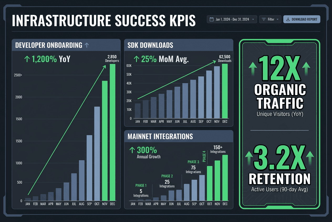 Data dashboard showing growth in developer onboarding, SDK downloads, and mainnet integrations as primary KPIs for Web3 infrastructure.