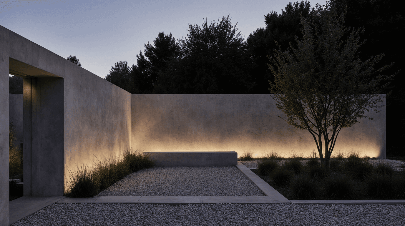 Modern courtyard with gravel paths, a single tree, and indirect wall lighting at dusk.