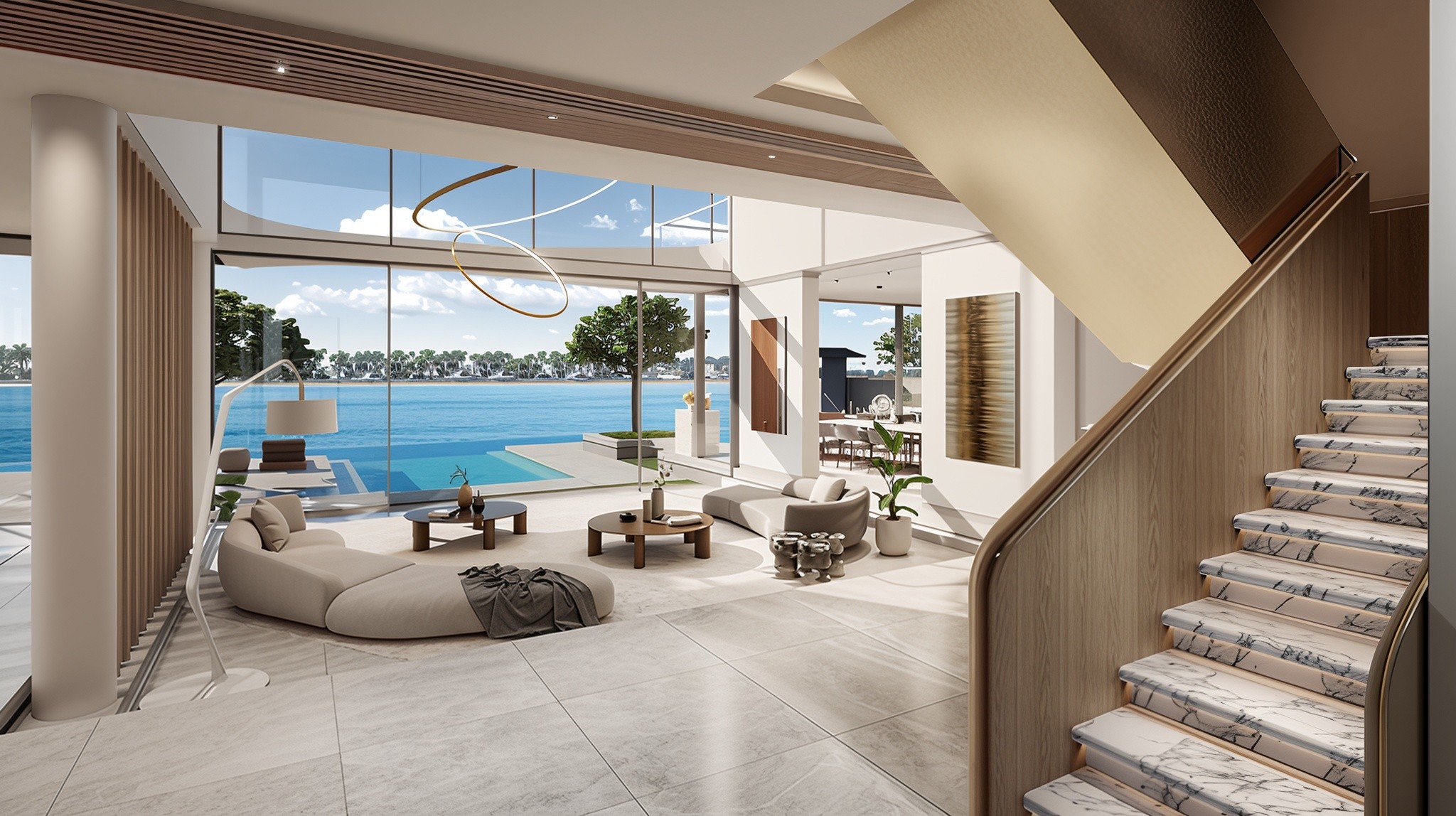 A modern living room featuring large windows with a stunning view of the ocean, designed for signature villas.