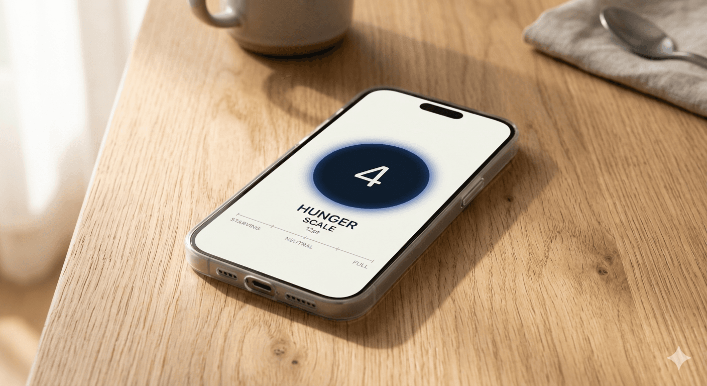 iPhone showing a minimal mindful eating app interface — hunger scale without calorie tracking