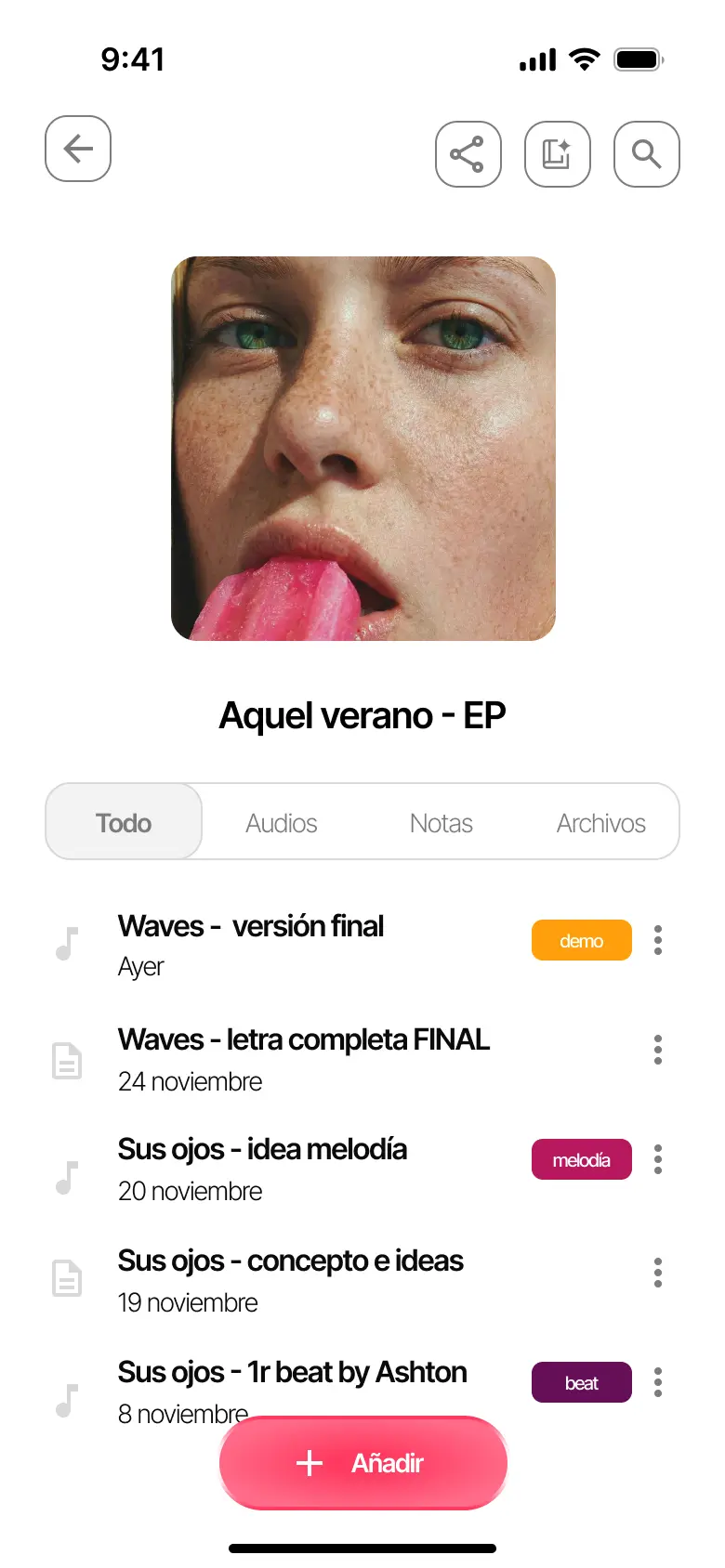 Vista interior de un proyecto musical en Zoundroom con grabaciones, notas y archivos organizados