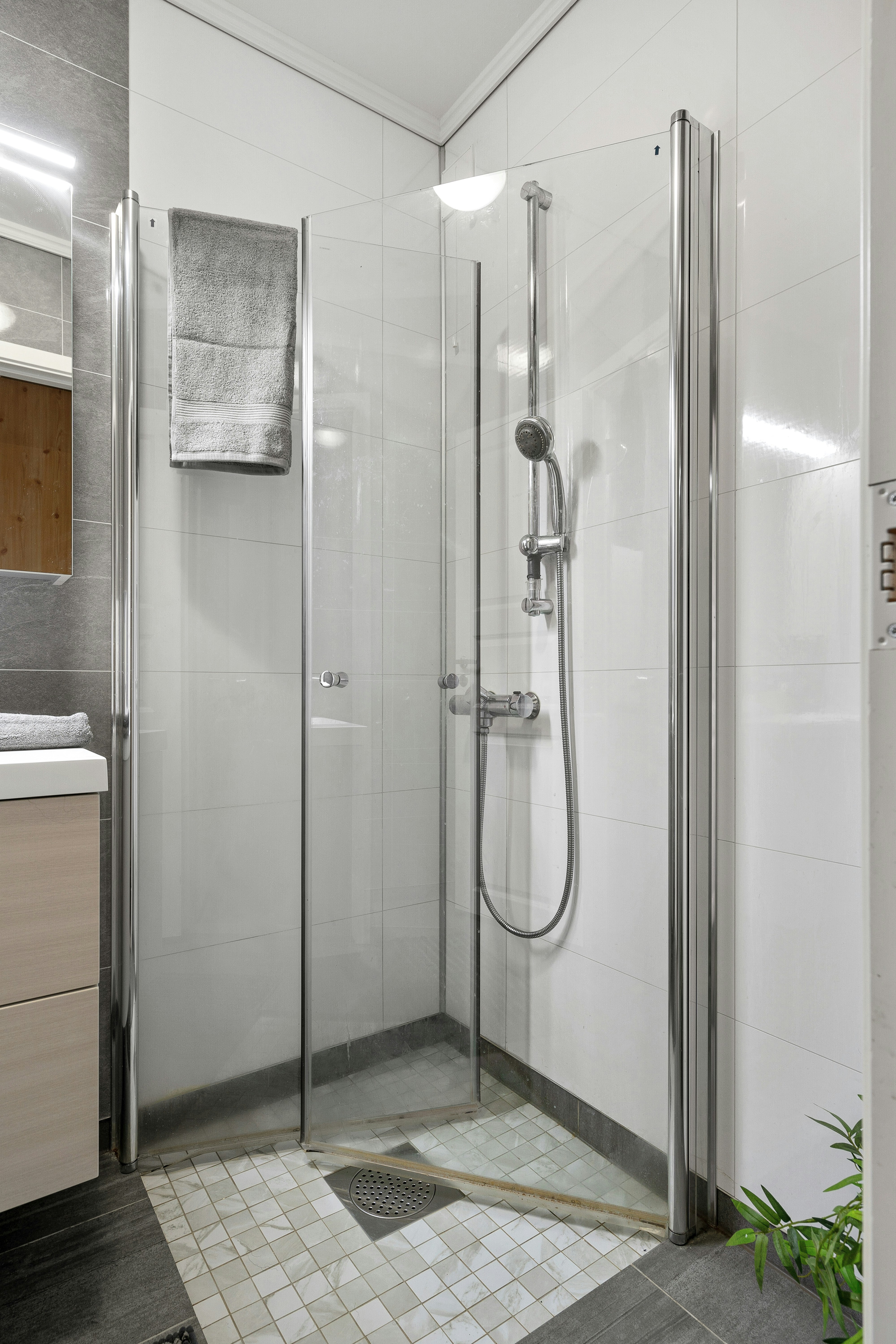 A bathroom with a walk in shower next to a sink