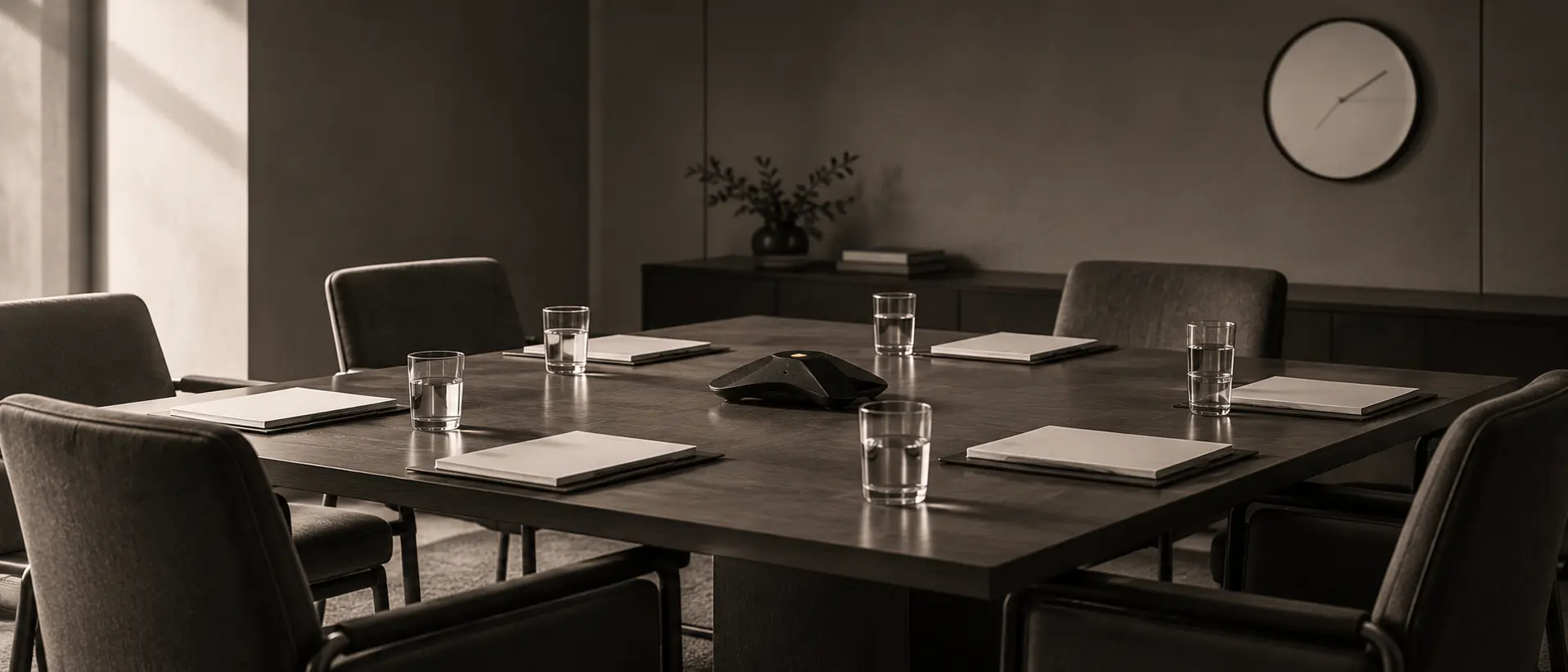 A meeting room set for a rehearsal, with scenario packs around a speakerphone