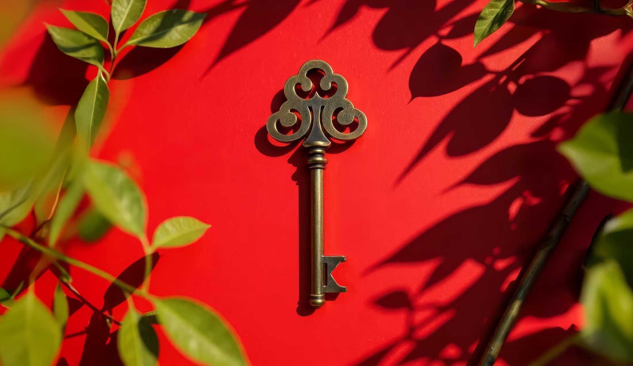 Gold Key on Red Background