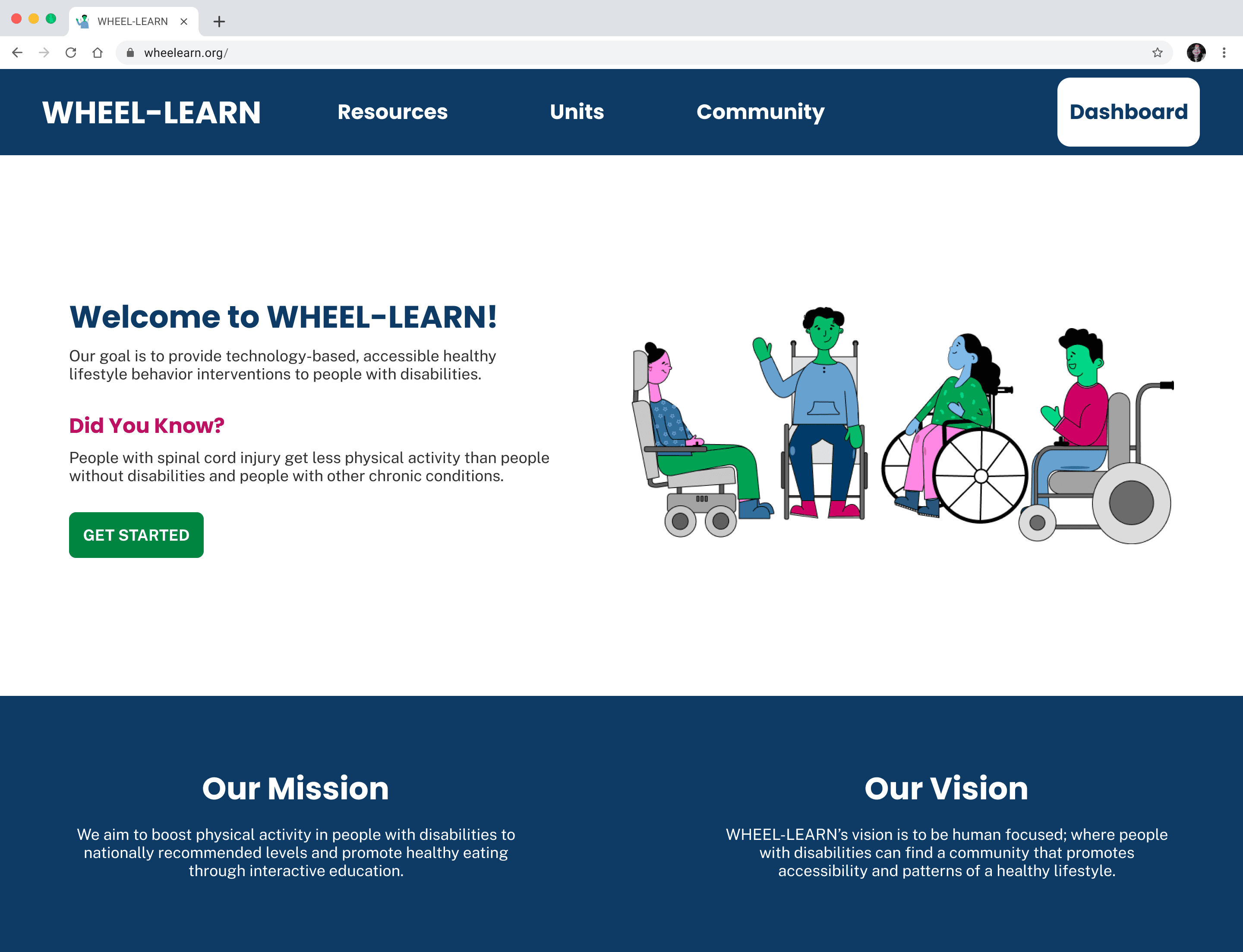 A mockup of a landing page that includes a welcome message, a mission and vision message, and colorful characters that are in different types of wheelchairs.