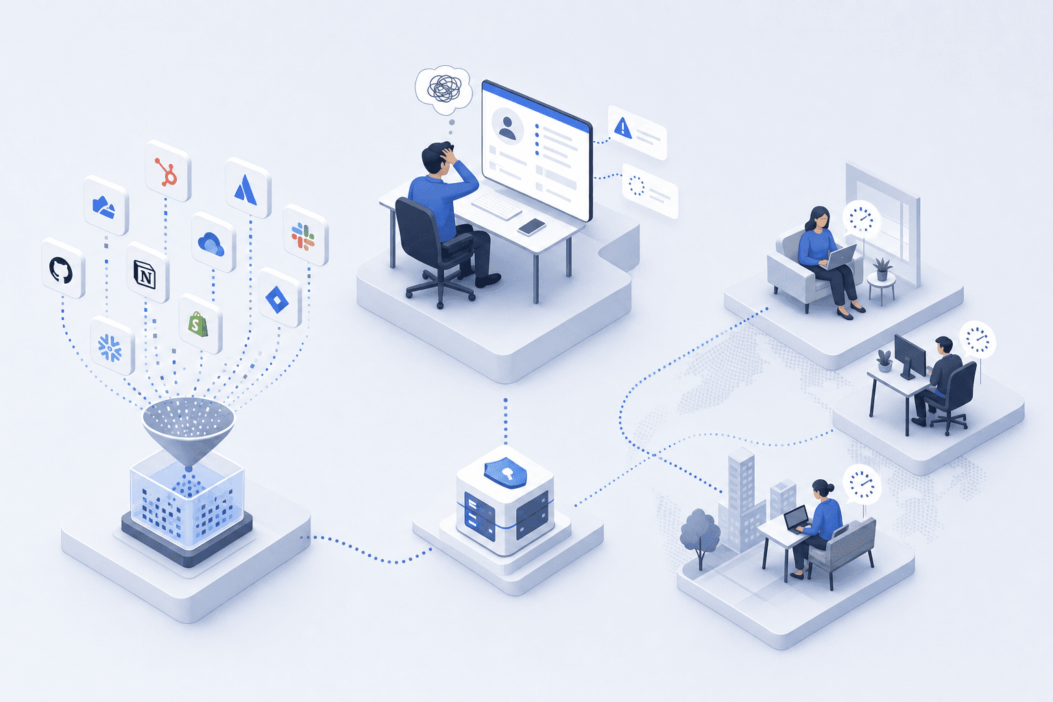 A clean, modern illustration showing three interconnected organizational challenges: scattered data extraction from multiple SaaS application icons, a confused reviewer looking at incomplete information on a screen, and multiple people in different locations waiting to respond to requests. Use a minimalist style with a professional color palette of blues and grays, isometric perspective, showing the complexity and coordination challenges of enterprise access management at scale