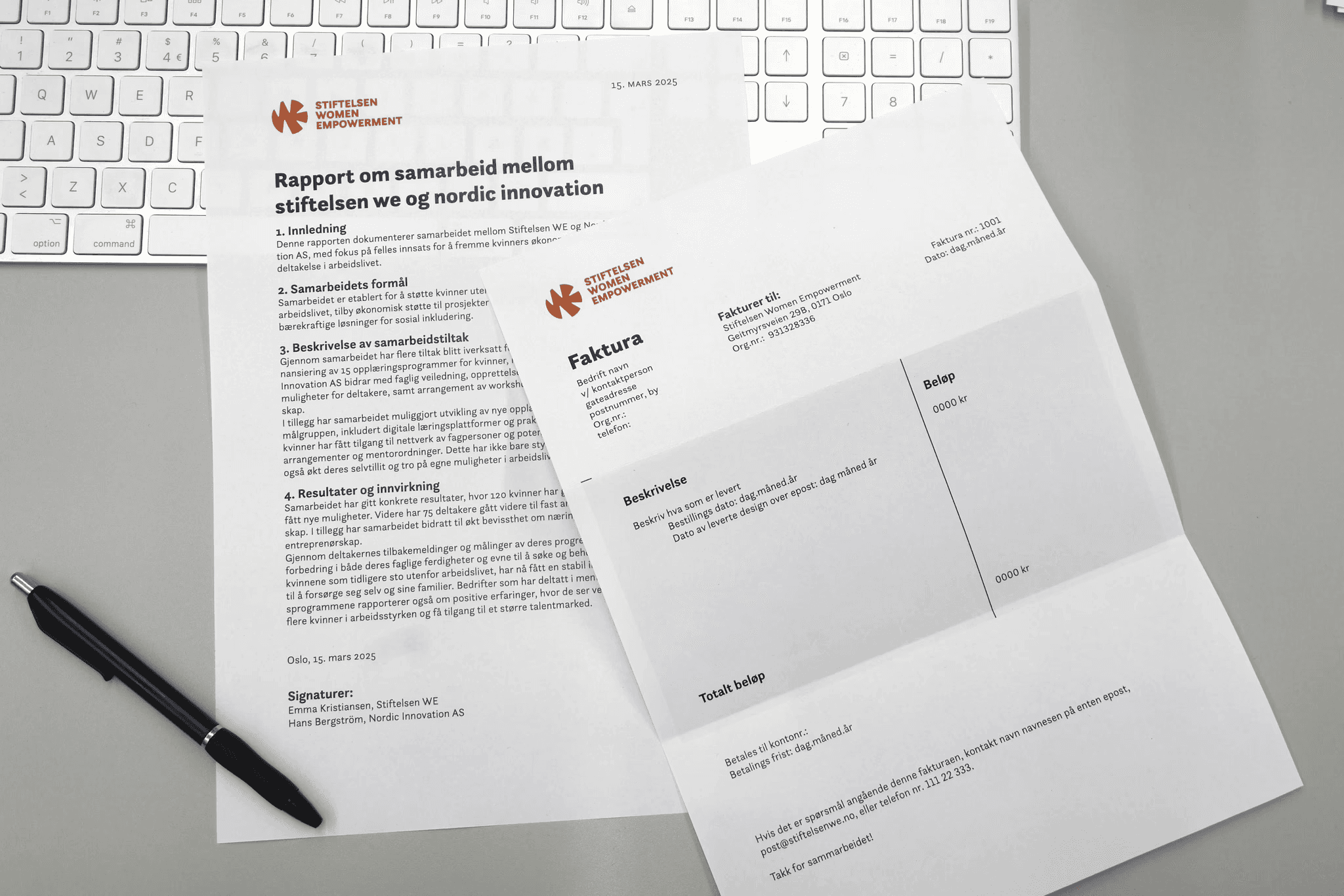 rapport og faktura dokumenter for stiftelsen WE