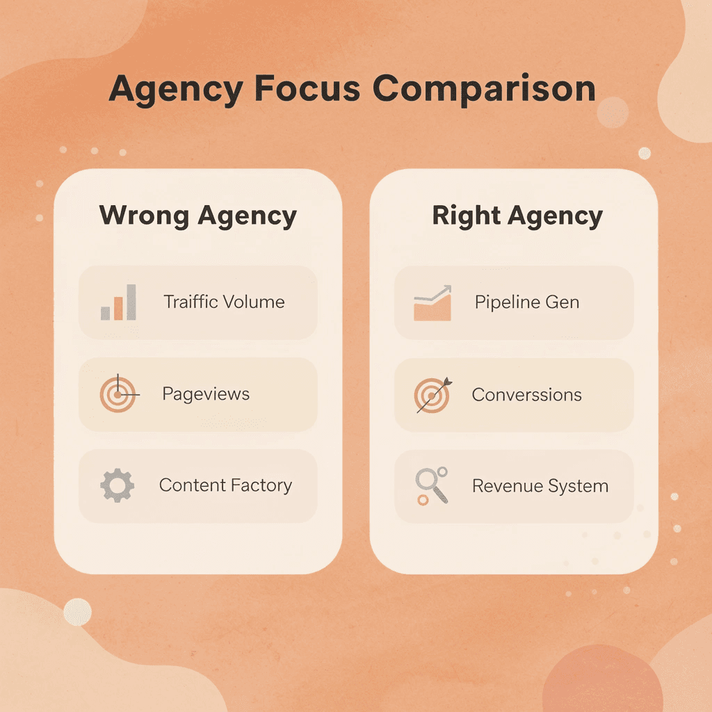 Comparison table showing wrong agency versus right agency focus areas - SaaS SEO