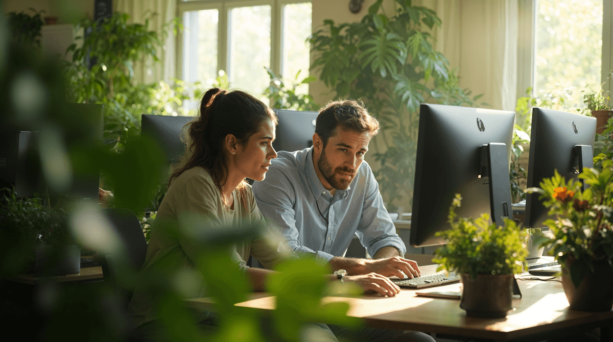 Two colleagues working at a computer in a leafy office.
