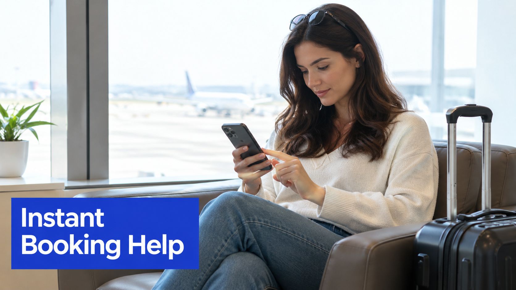 A woman sitting in an airport lounge using her smartphone to get instant booking help for travel.