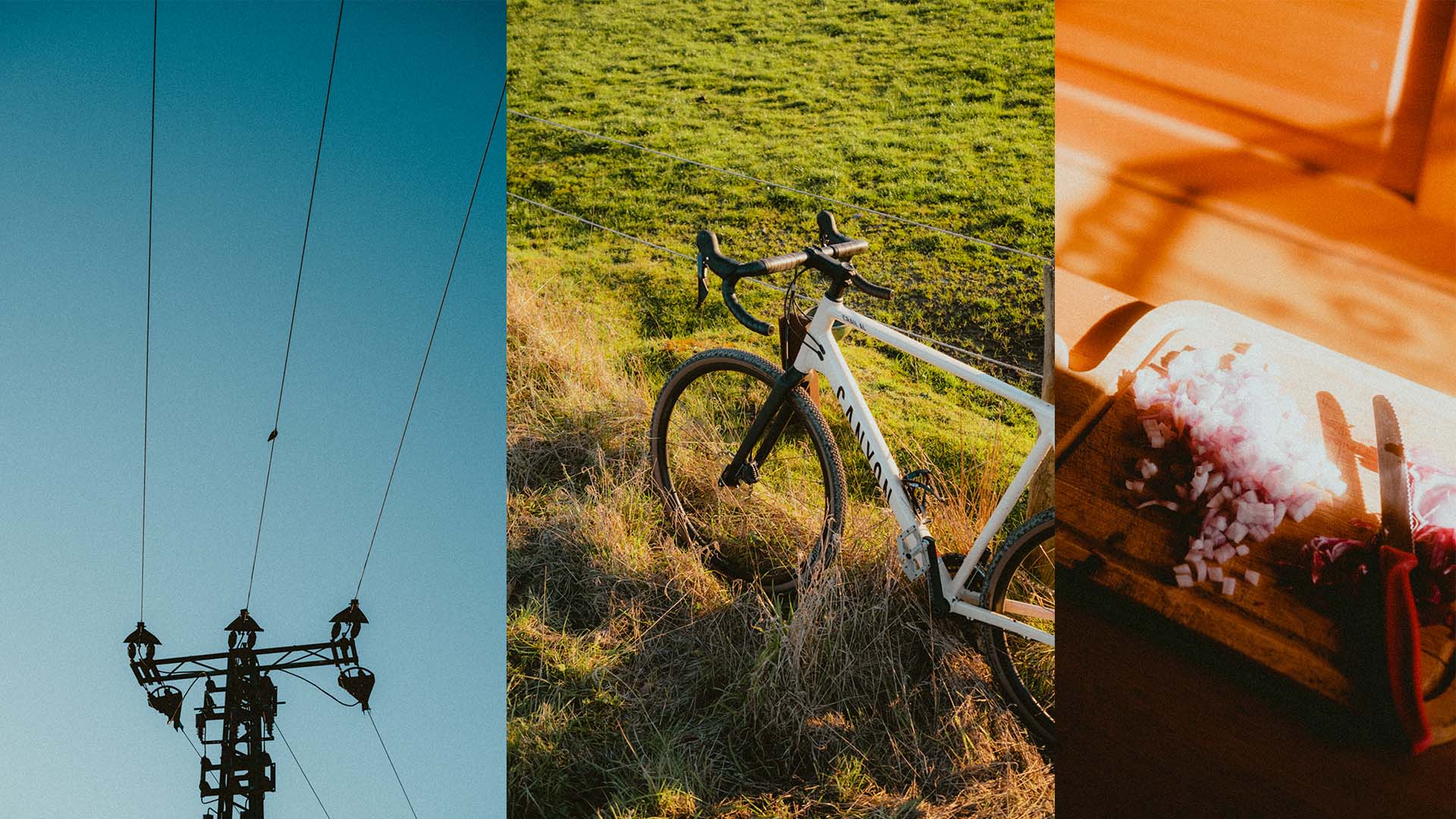 Three vertical images, one showing an electrical tower against a blue sky, a bike leaned against a fence in a field, and cutting board in sunlight with cut onions