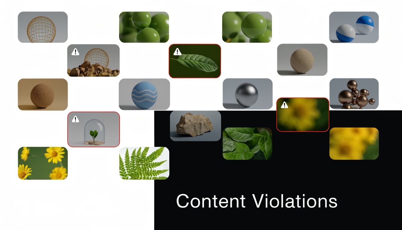 A digital graphic displaying a collection of various object images with some flagged as content violations.