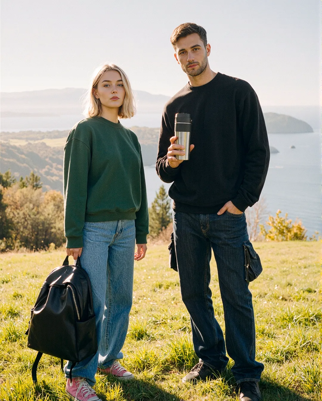 Two people standing on a hilltop overlooking water, wearing casual sweaters and jeans, one holding a travel mug, backpack visible