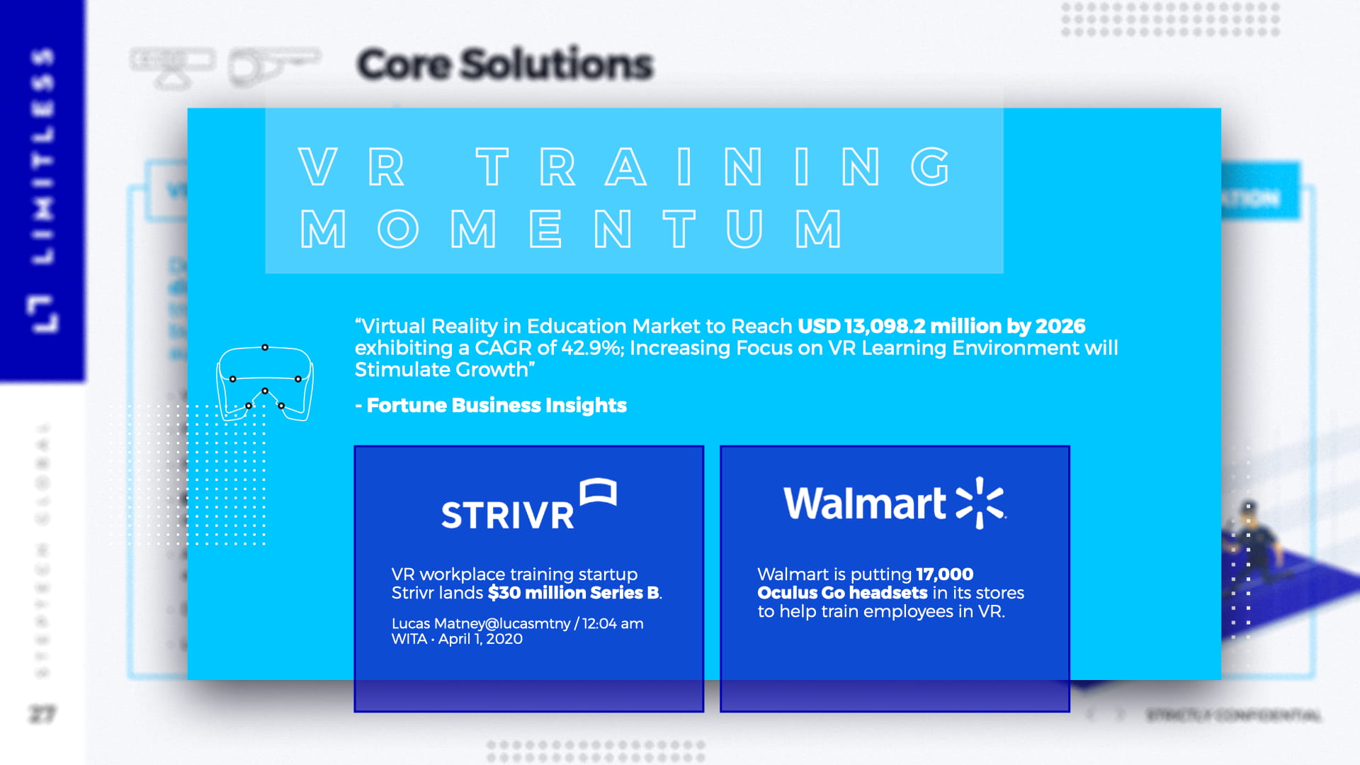 VR Training Momentum market validation slide with cyan background showing Fortune Business Insights quote projecting $13,098.2 million VR education market by 2026 at 42.9% CAGR, featuring Strivr $30 million Series B funding news card and Walmart deployment of 17,000 Oculus Go headsets for employee training