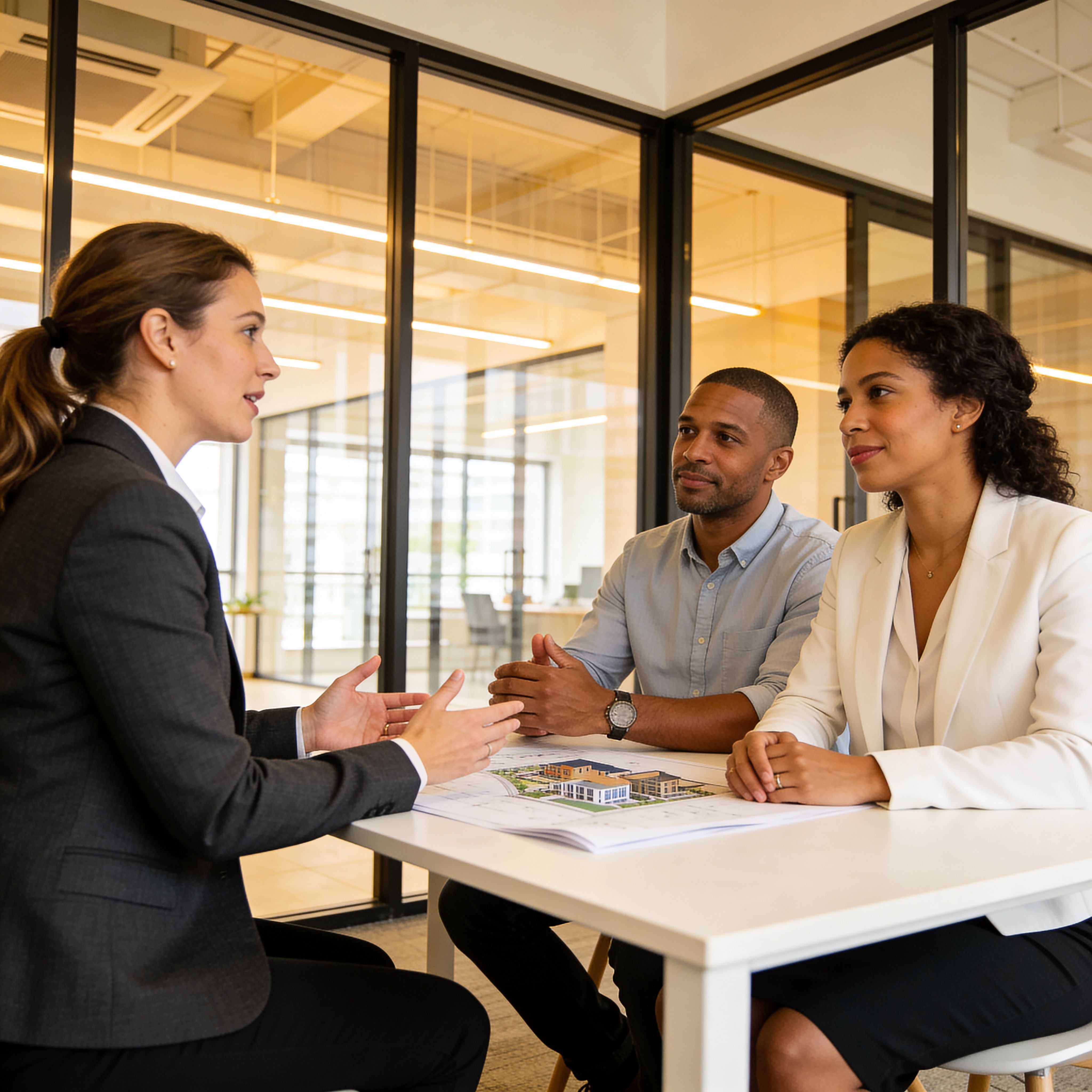 Real estate agent consulting clients over property plans in a modern office meeting room