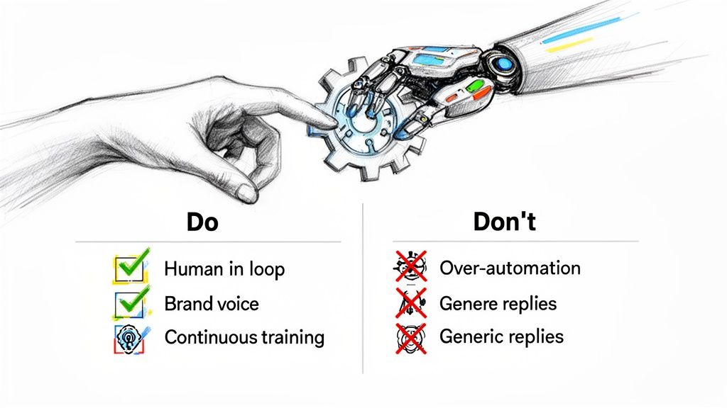 Sketched human and robot hands collaborate on a gear, detailing AI integration dos and don'ts.