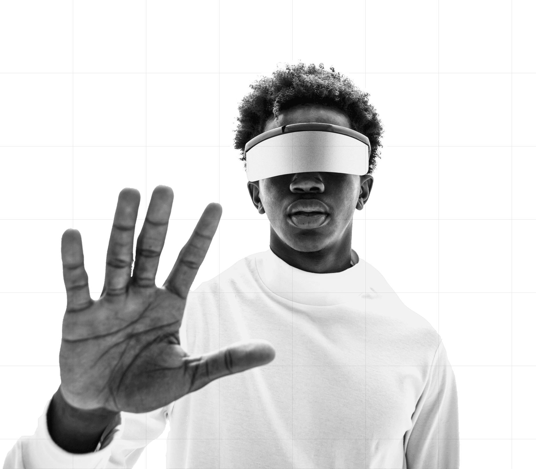A person wearing a virtual reality headset and a white sweater holds one hand up in a futuristic gesture, standing against a grid-patterned background.