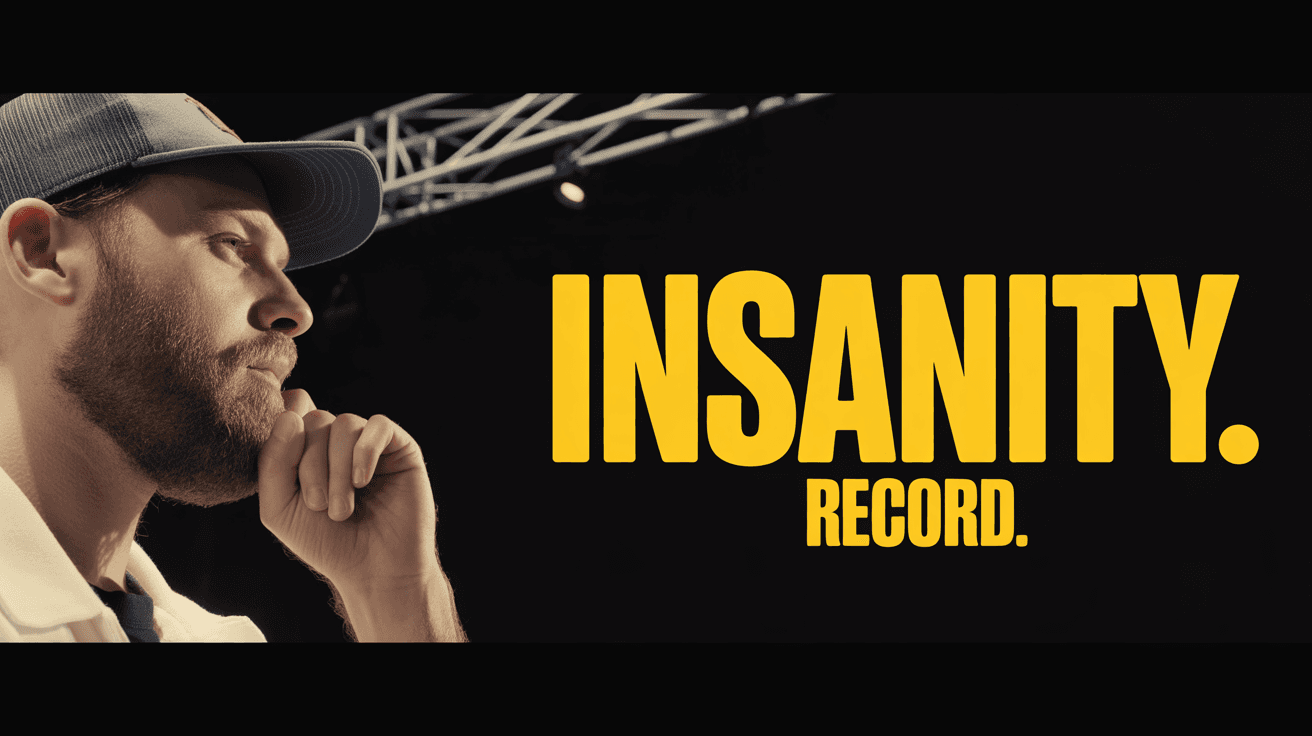 Alex Hormozi-style world record thumbnail with side profile and bold INSANITY RECORD text
