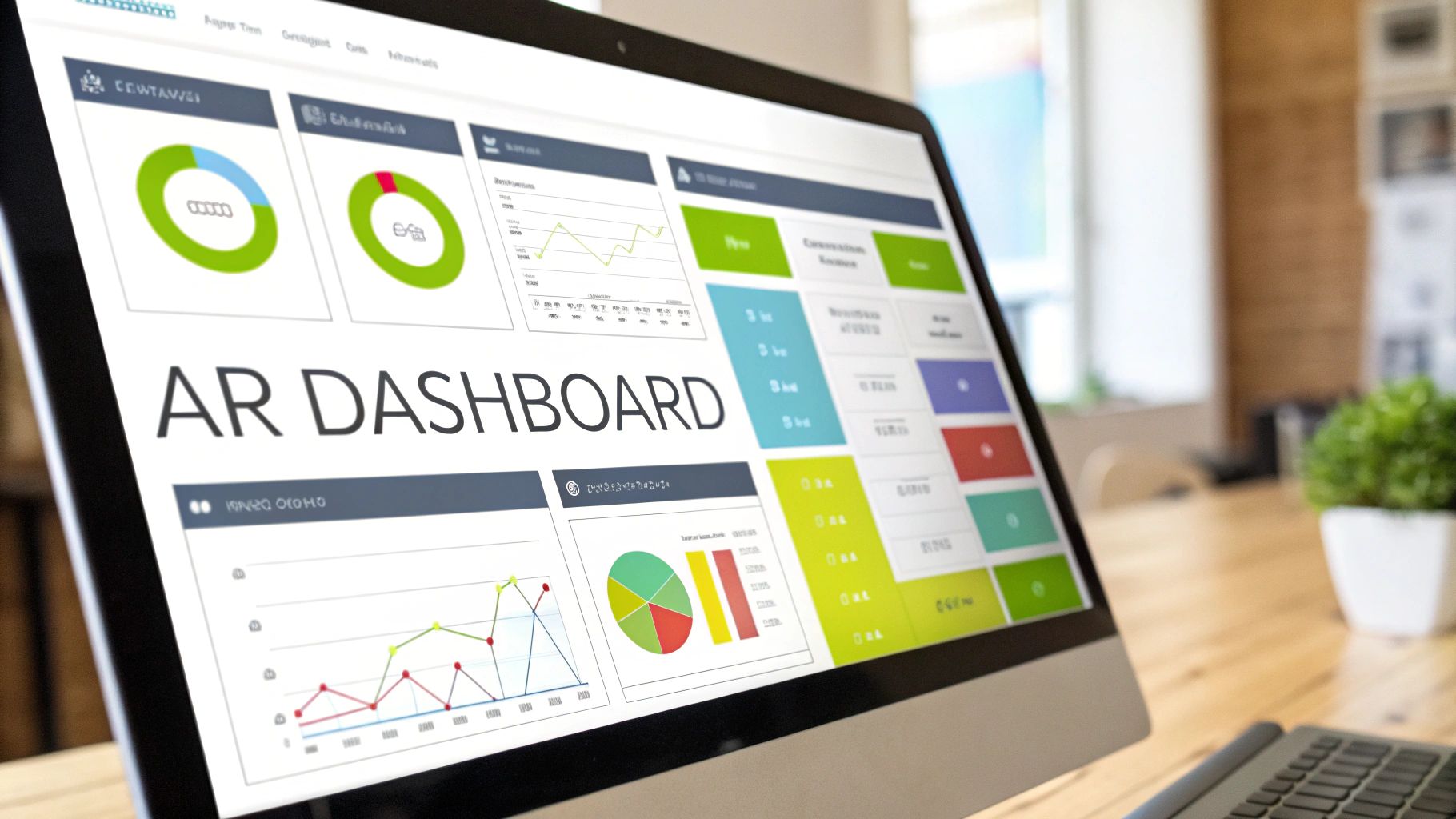 A computer monitor displays an AR dashboard with various charts, graphs, and data for financial analysis.