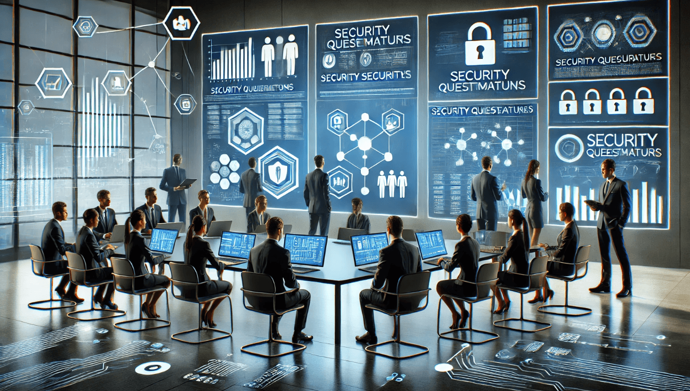 Security professionals tracking and analyzing responses on digital dashboards to streamline security questionnaires.