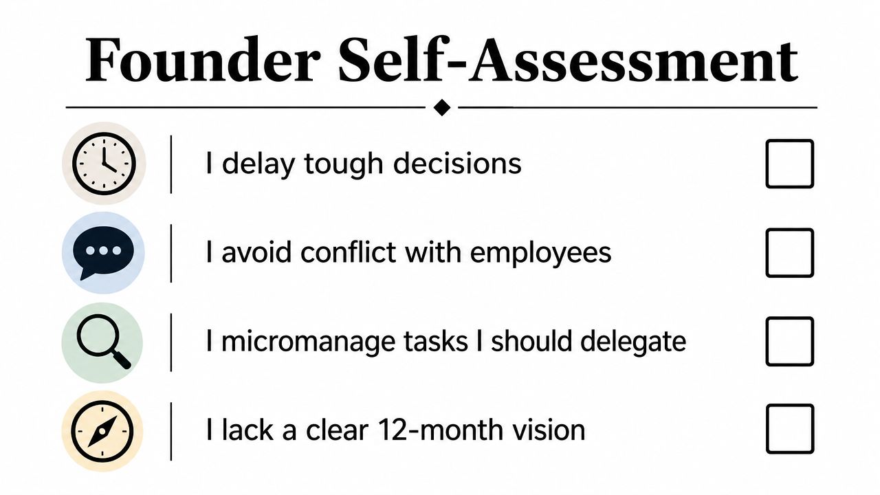 A founder self-assessment checklist with four common management challenges formatted for professional leadership evaluation.
