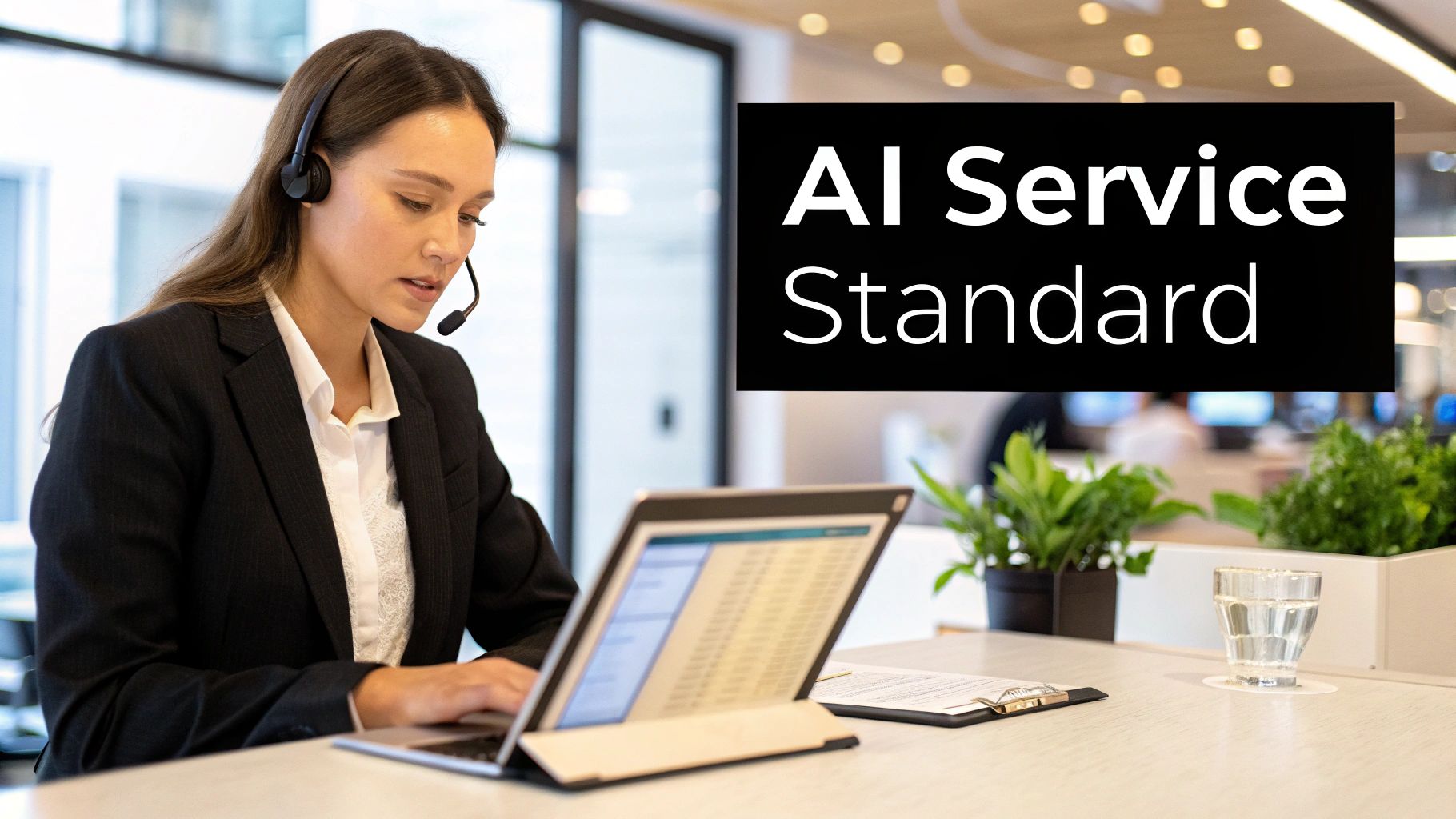 A customer service representative with a headset works on a laptop in a modern office setting, promoting AI service standards.