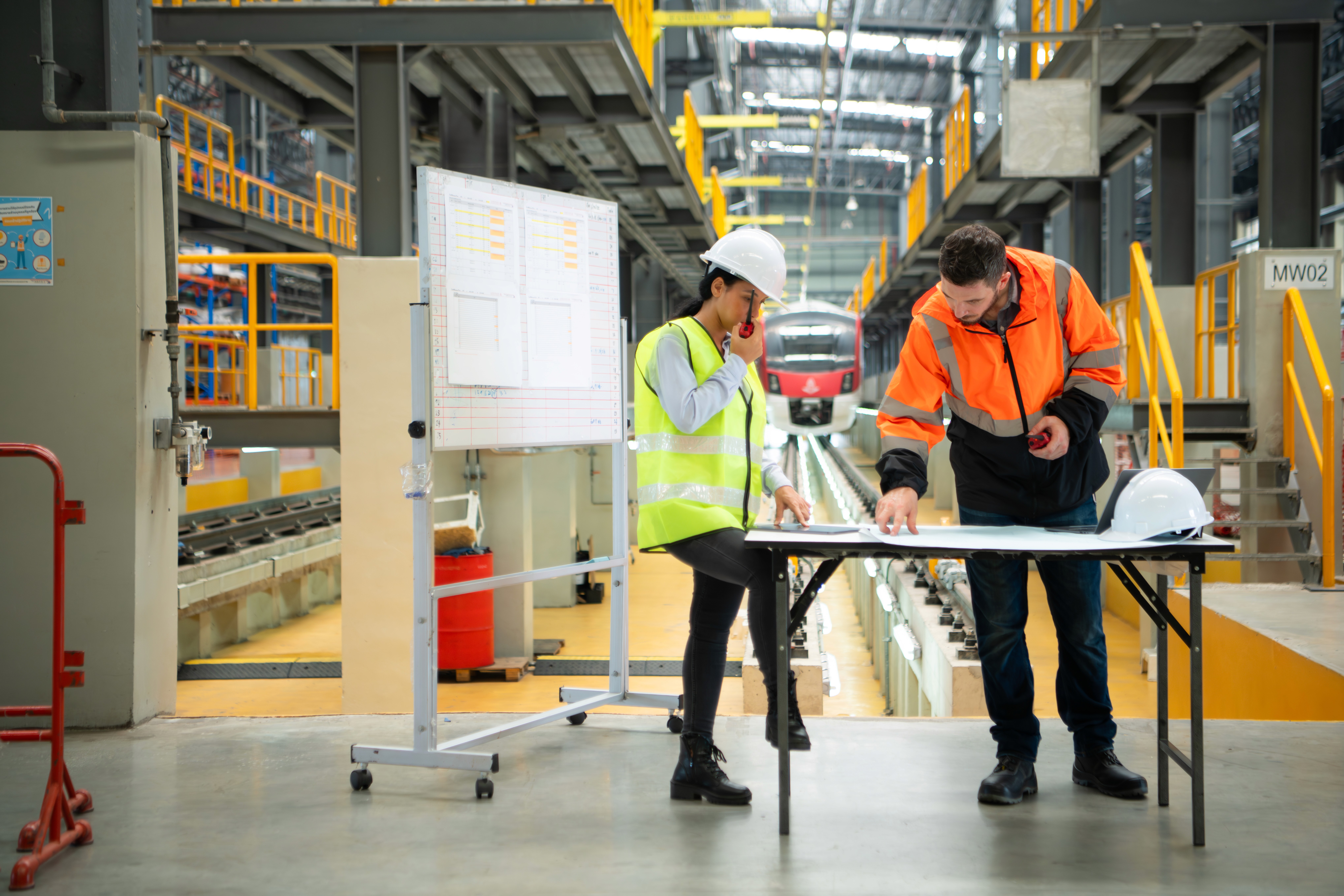 Manufacturing engineers coordinating operations and production planning inside an industrial facility, representing manufacturing marketing, digital marketing for manufacturers, and connected commercial growth systems.